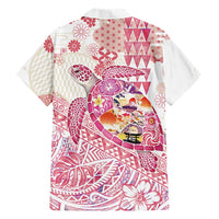 Hawaiian and Japanese Culture Together Family Matching Off Shoulder Short Dress and Hawaiian Shirt Tropical Honu with Japanese Elements Pink Color