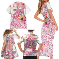 Hawaiian and Japanese Culture Together Family Matching Short Sleeve Bodycon Dress and Hawaiian Shirt Tropical Honu with Japanese Elements Pink Color