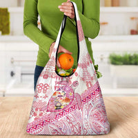 Hawaiian and Japanese Culture Together Grocery Bag Tropical Honu with Japanese Elements Pink Color