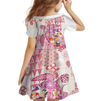 Hawaiian and Japanese Culture Together Kid Short Sleeve Dress Tropical Honu with Japanese Elements Pink Color