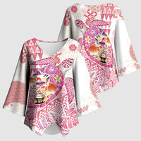 Hawaiian and Japanese Culture Together Kimono Sleeve Blouse Tropical Honu with Japanese Elements Pink Color