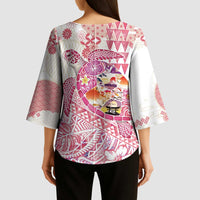 Hawaiian and Japanese Culture Together Kimono Sleeve Blouse Tropical Honu with Japanese Elements Pink Color