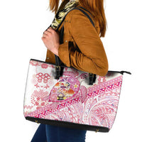 Hawaiian and Japanese Culture Together Leather Tote Bag Tropical Honu with Japanese Elements Pink Color