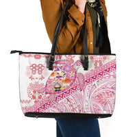 Hawaiian and Japanese Culture Together Leather Tote Bag Tropical Honu with Japanese Elements Pink Color