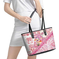 Hawaiian and Japanese Culture Together Leather Tote Bag Tropical Honu with Japanese Elements Pink Color