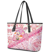 Hawaiian and Japanese Culture Together Leather Tote Bag Tropical Honu with Japanese Elements Pink Color