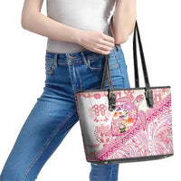 Hawaiian and Japanese Culture Together Leather Tote Bag Tropical Honu with Japanese Elements Pink Color