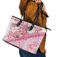 Hawaiian and Japanese Culture Together Leather Tote Bag Tropical Honu with Japanese Elements Pink Color