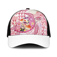 Hawaiian and Japanese Culture Together Mesh Trucker Cap Tropical Honu with Japanese Elements Pink Color