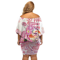 Hawaiian and Japanese Culture Together Off Shoulder Short Dress Tropical Honu with Japanese Elements Pink Color