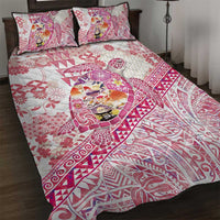 Hawaiian and Japanese Culture Together Quilt Bed Set Tropical Honu with Japanese Elements Pink Color