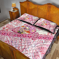 Hawaiian and Japanese Culture Together Quilt Bed Set Tropical Honu with Japanese Elements Pink Color