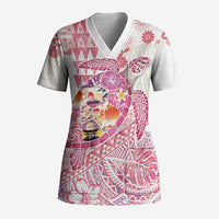 Hawaiian and Japanese Culture Together Scrub Top Tropical Honu with Japanese Elements Pink Color