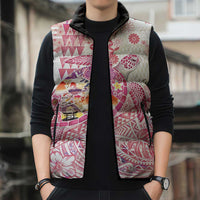 Hawaiian and Japanese Culture Together Sleeveless Puffer Jacket Tropical Honu with Japanese Elements Pink Color
