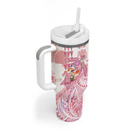 Hawaiian and Japanese Culture Together Tumbler With Handle Tropical Honu with Japanese Elements Pink Color