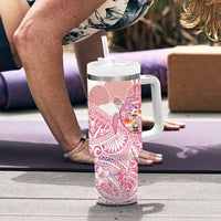 Hawaiian and Japanese Culture Together Tumbler With Handle Tropical Honu with Japanese Elements Pink Color