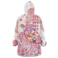 Hawaiian and Japanese Culture Together Wearable Blanket Hoodie Tropical Honu with Japanese Elements Pink Color