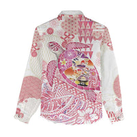 Hawaiian and Japanese Culture Together Women Casual Shirt Tropical Honu with Japanese Elements Pink Color