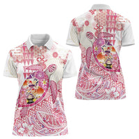 Hawaiian and Japanese Culture Together Women Polo Shirt Tropical Honu with Japanese Elements Pink Color
