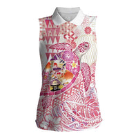 Hawaiian and Japanese Culture Together Women Sleeveless Polo Shirt Tropical Honu with Japanese Elements Pink Color