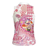 Hawaiian and Japanese Culture Together Women Sleeveless Polo Shirt Tropical Honu with Japanese Elements Pink Color