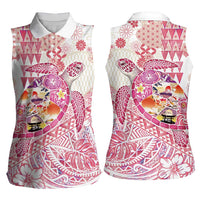 Hawaiian and Japanese Culture Together Women Sleeveless Polo Shirt Tropical Honu with Japanese Elements Pink Color