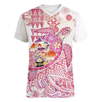 Hawaiian and Japanese Culture Together Women V-Neck T-Shirt Tropical Honu with Japanese Elements Pink Color
