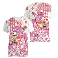 Hawaiian and Japanese Culture Together Women V-Neck T-Shirt Tropical Honu with Japanese Elements Pink Color