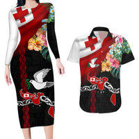 Personalised Tonga Emancipation Day Couples Matching Long Sleeve Bodycon Dress and Hawaiian Shirt Flag Map and Hibiscus Flower Ngatu Pattern LT03 Black - Polynesian Pride