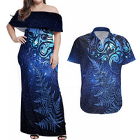 New Zealand Matariki Couples Matching Off Shoulder Maxi Dress and Hawaiian Shirt Maori Pattern and Silver Fern LT03 Blue - Polynesian Pride