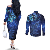 New Zealand Matariki Couples Matching Off The Shoulder Long Sleeve Dress and Long Sleeve Button Shirt Maori Pattern and Silver Fern LT03 - Polynesian Pride