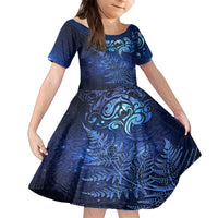 New Zealand Matariki Family Matching Off Shoulder Maxi Dress and Hawaiian Shirt Maori Pattern and Silver Fern LT03 Daughter's Dress Blue - Polynesian Pride