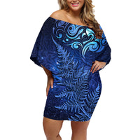 New Zealand Matariki Family Matching Off Shoulder Short Dress and Hawaiian Shirt Maori Pattern and Silver Fern LT03 Mom's Dress Blue - Polynesian Pride