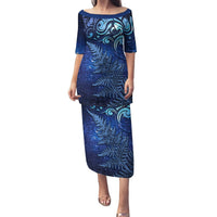 New Zealand Matariki Puletasi Maori Pattern and Silver Fern LT03 Long Dress Blue - Polynesian Pride