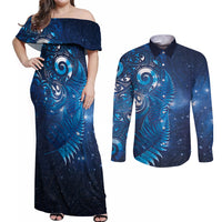 Aotearoa New Zealand New Year Couples Matching Off Shoulder Maxi Dress and Long Sleeve Button Shirt Tribal Koru Tattoo Blue Galaxy Maori Silver Fern LT03 Blue - Polynesian Pride