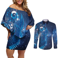 Aotearoa New Zealand New Year Couples Matching Off Shoulder Short Dress and Long Sleeve Button Shirt Tribal Koru Tattoo Blue Galaxy Maori Silver Fern LT03 Blue - Polynesian Pride