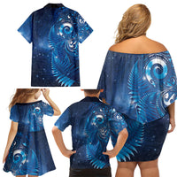 Aotearoa New Zealand New Year Family Matching Off Shoulder Short Dress and Hawaiian Shirt Tribal Koru Tattoo Blue Galaxy Maori Silver Fern LT03 - Polynesian Pride