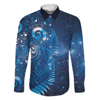 Aotearoa New Zealand New Year Family Matching Off Shoulder Short Dress and Hawaiian Shirt Tribal Koru Tattoo Blue Galaxy Maori Silver Fern LT03 Dad's Shirt - Long Sleeve Blue - Polynesian Pride