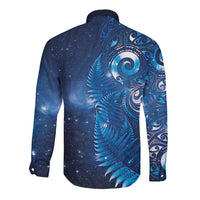 Aotearoa New Zealand New Year Long Sleeve Button Shirt Tribal Koru Tattoo Blue Galaxy Maori Silver Fern