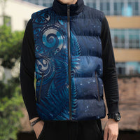 Aotearoa New Zealand New Year Sleeveless Puffer Jacket Tribal Koru Tattoo Blue Galaxy Maori Silver Fern LT03 - Polynesian Pride
