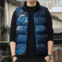 Aotearoa New Zealand New Year Sleeveless Puffer Jacket Tribal Koru Tattoo Blue Galaxy Maori Silver Fern LT03 - Polynesian Pride