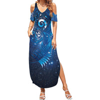 Aotearoa New Zealand New Year Summer Maxi Dress Tribal Koru Tattoo Blue Galaxy Maori Silver Fern