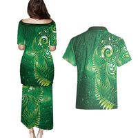 Aotearoa New Zealand New Year Couples Matching Puletasi and Hawaiian Shirt Tribal Koru Tattoo Green Galaxy Maori Silver Fern LT03 - Polynesian Pride