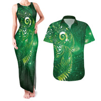 Aotearoa New Zealand New Year Couples Matching Tank Maxi Dress and Hawaiian Shirt Tribal Koru Tattoo Green Galaxy Maori Silver Fern LT03 Green - Polynesian Pride
