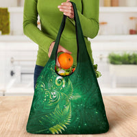 Aotearoa New Zealand New Year Grocery Bag Tribal Koru Tattoo Green Galaxy Maori Silver Fern