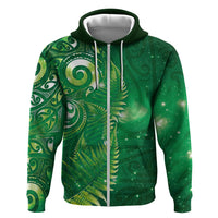 Aotearoa New Zealand New Year Hoodie Tribal Koru Tattoo Green Galaxy Maori Silver Fern LT03 Zip Hoodie Green - Polynesian Pride