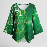 Aotearoa New Zealand New Year Kimono Sleeve Blouse Tribal Koru Tattoo Green Galaxy Maori Silver Fern