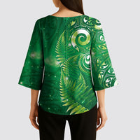 Aotearoa New Zealand New Year Kimono Sleeve Blouse Tribal Koru Tattoo Green Galaxy Maori Silver Fern