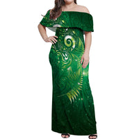 Aotearoa New Zealand New Year Off Shoulder Maxi Dress Tribal Koru Tattoo Green Galaxy Maori Silver Fern LT03 Women Green - Polynesian Pride
