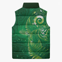 Aotearoa New Zealand New Year Sleeveless Puffer Jacket Tribal Koru Tattoo Green Galaxy Maori Silver Fern